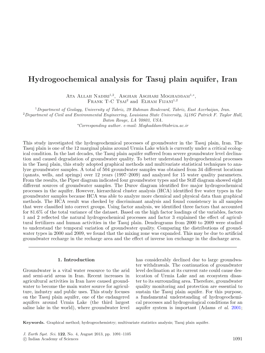 Hydrogeochemical Analysis for Tasuj Plain Aquifer, Iran