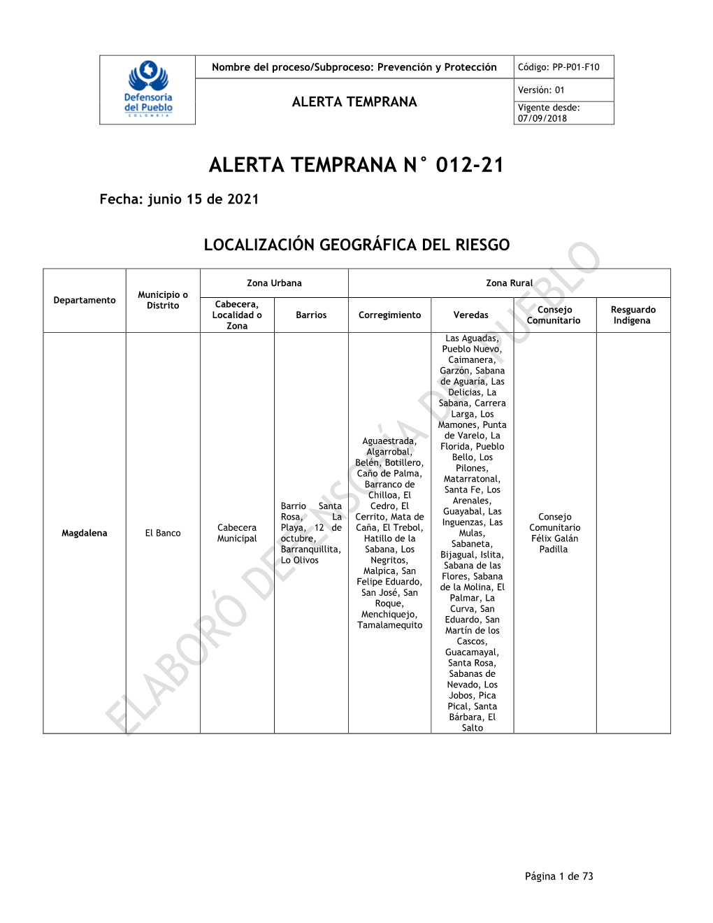 Alerta Temprana N° 012-21