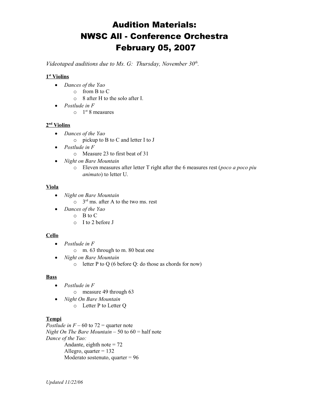 Audition for NWSC All Conference Orchestra