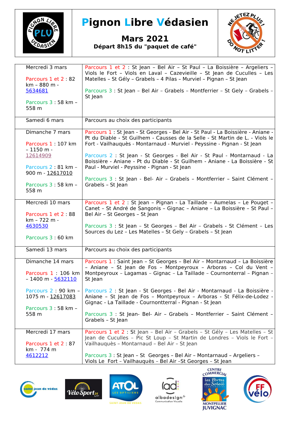 Pignon Libre Védasien Mars 2021 Départ 8H15 Du "Paquet De Café"