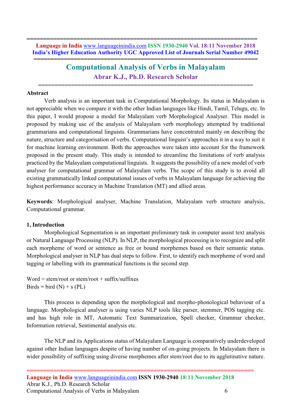 Computational Analysis of Verbs in Malayalam Abrar K.J., Ph.D