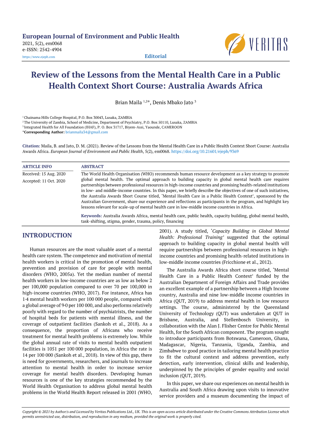 Review of the Lessons from the Mental Health Care in a Public Health Context Short Course: Australia Awards Africa