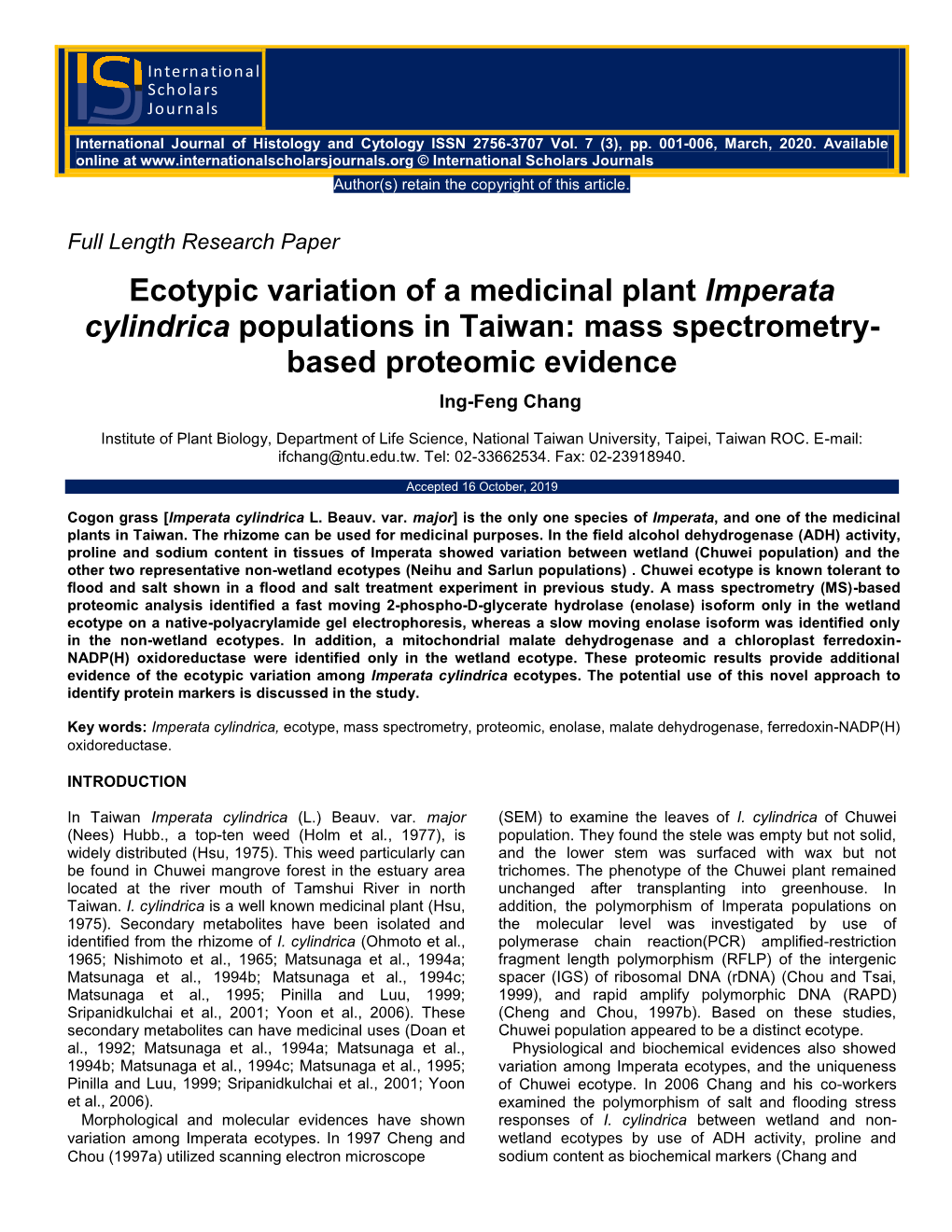 Ecotypic Variation of a Medicinal Plant Imperata Cylindrica Populations in Taiwan: Mass Spectrometry- Based Proteomic Evidence