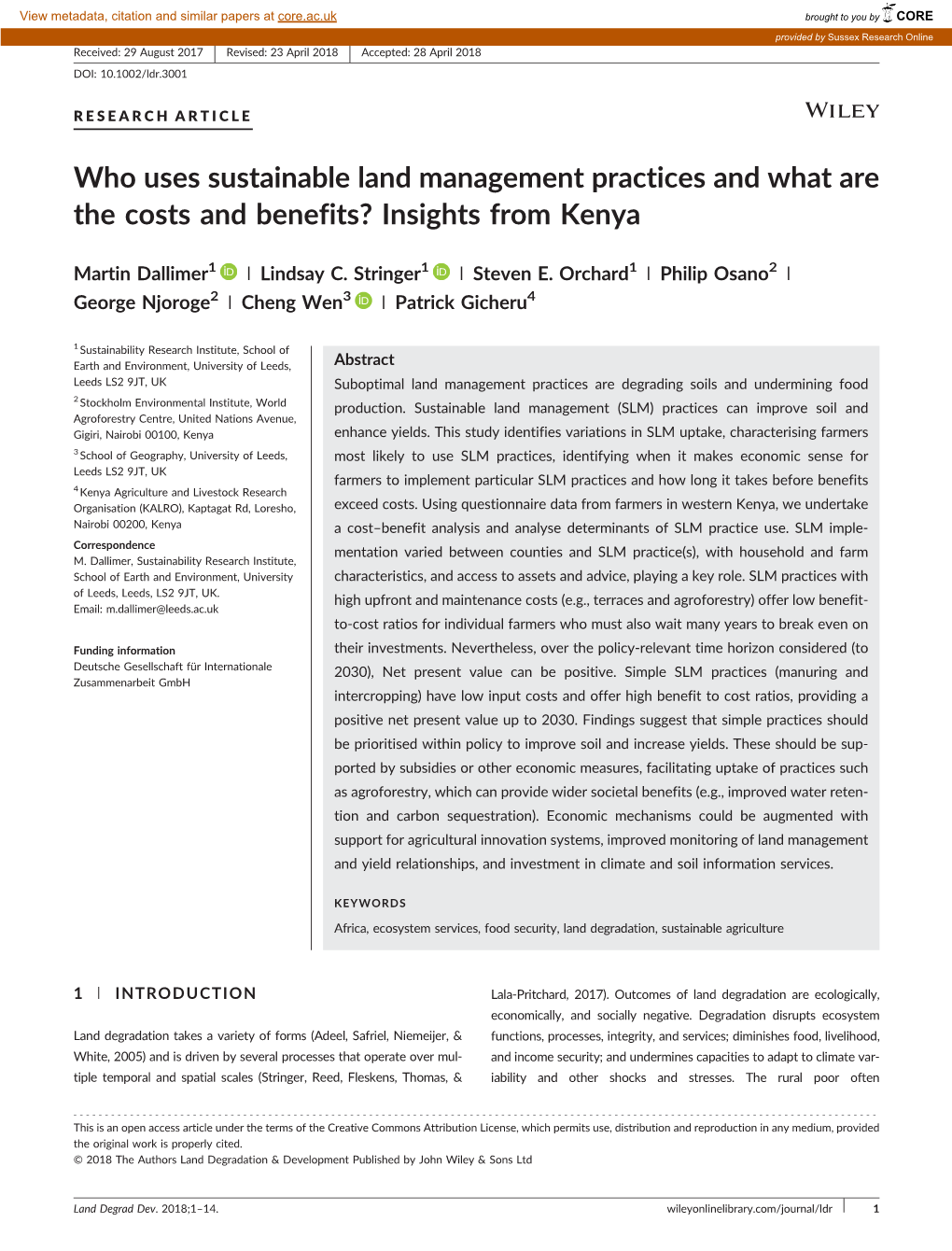 Who Uses Sustainable Land Management Practices and What Are the Costs and Benefits? Insights from Kenya