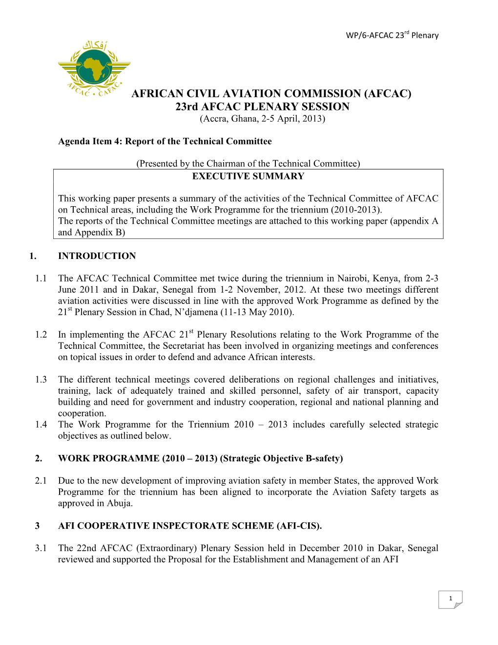 AFRICAN CIVIL AVIATION COMMISSION (AFCAC) 23Rd AFCAC PLENARY SESSION (Accra, Ghana, 2-5 April, 2013)