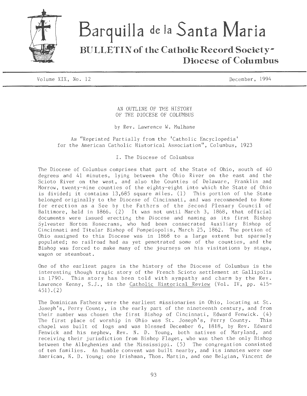 Barquilla De La Santa Maria BULLETIN of the Catholic Record Society­ Diocese of Columbus