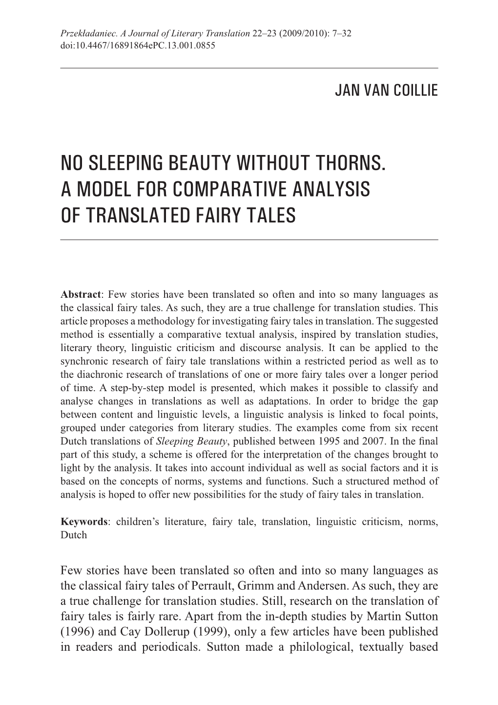 No Sleeping Beauty Without Thorns. a Model for Comparative Analysis of Translated Fairy Tales