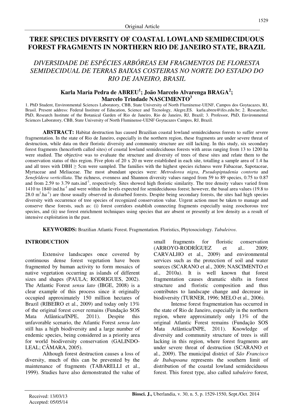 Tree Species Diversity of Coastal Lowland Semideciduous Forest Fragments in Northern Rio De Janeiro State, Brazil