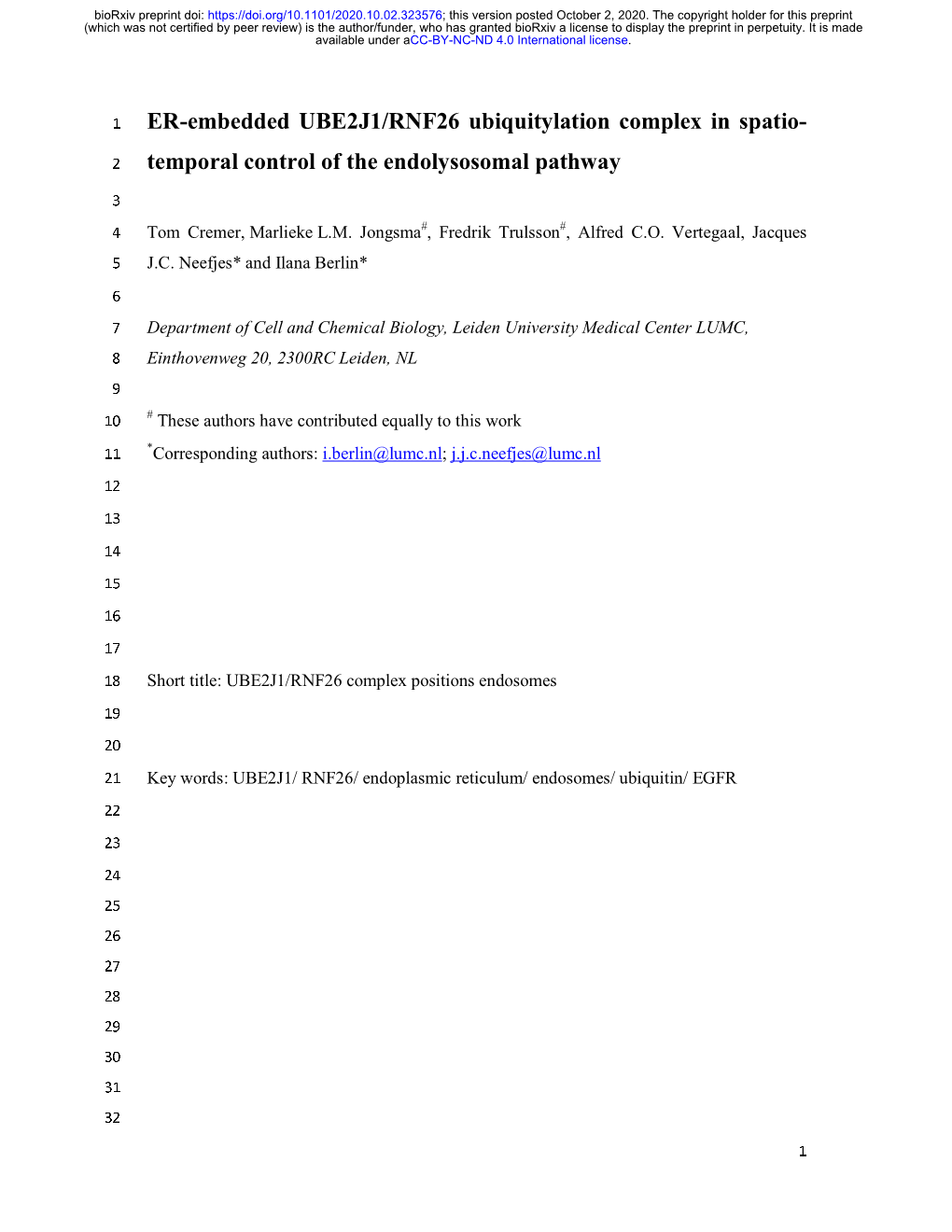 ER-Embedded UBE2J1/RNF26 Ubiquitylation Complex in Spatio