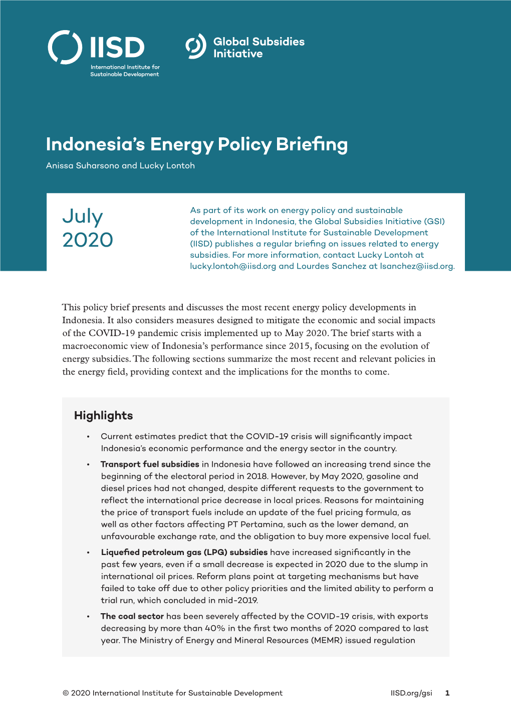 Indonesia's Energy Policy Briefing | July 2020