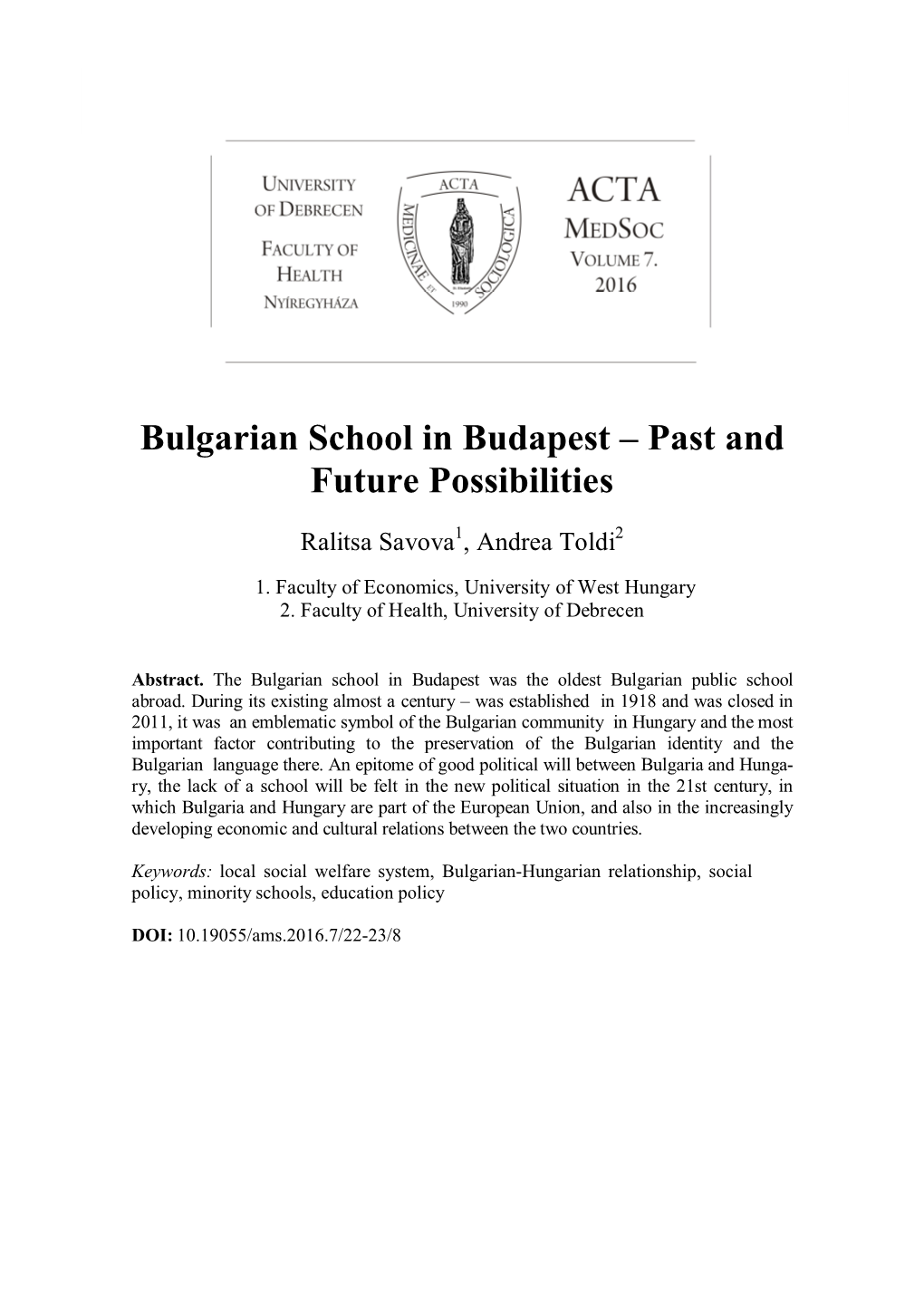 Bulgarian School in Budapest – Past and Future Possibilities