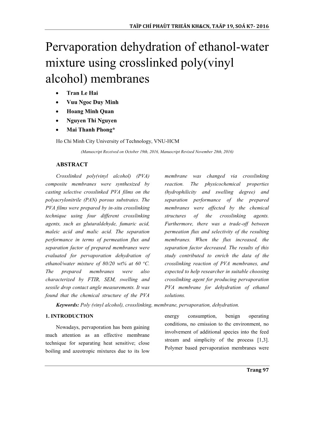 Pervaporation Dehydration of Ethanol-Water Mixture Using Crosslinked Poly(Vinyl Alcohol) Membranes