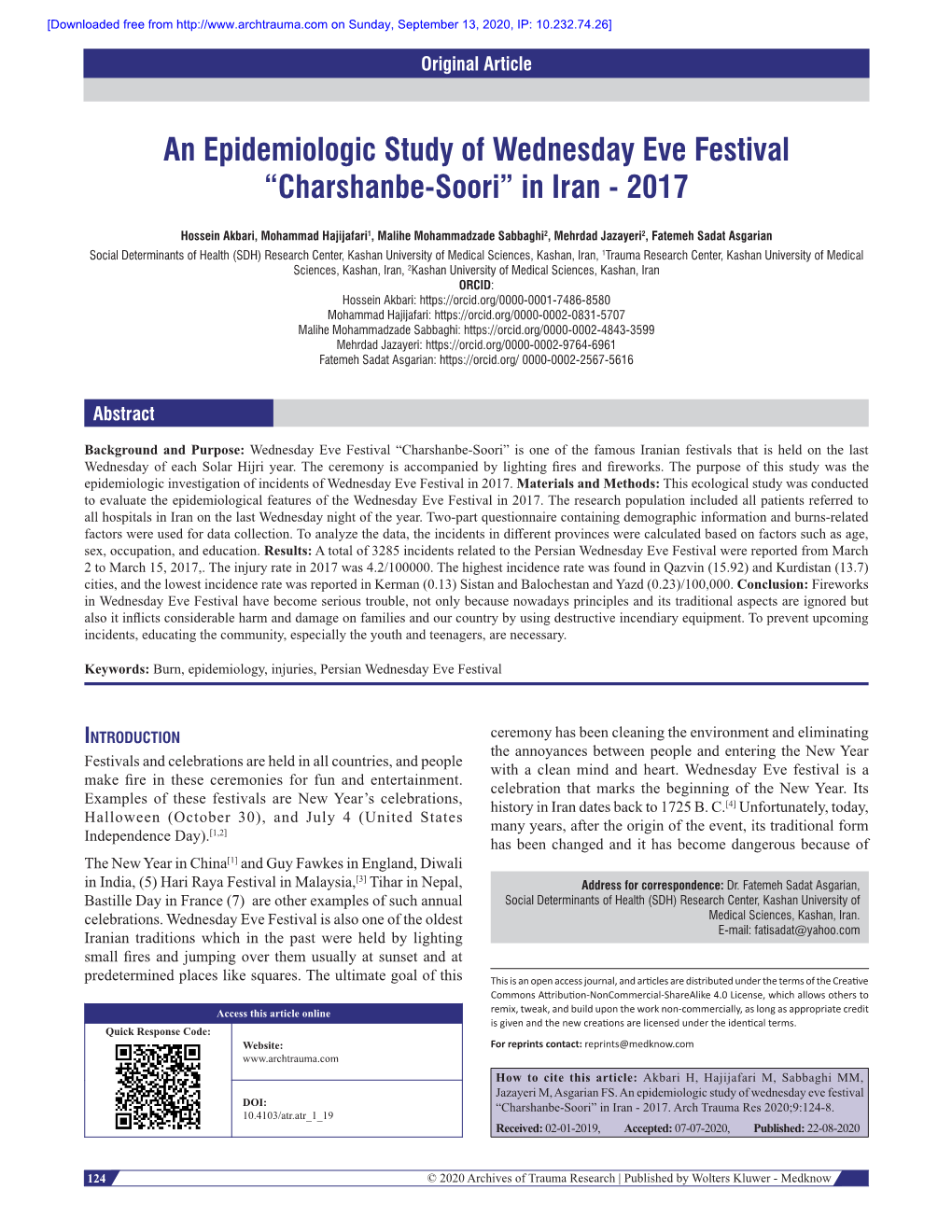 An Epidemiologic Study of Wednesday Eve Festival “Charshanbe-Soori” in Iran