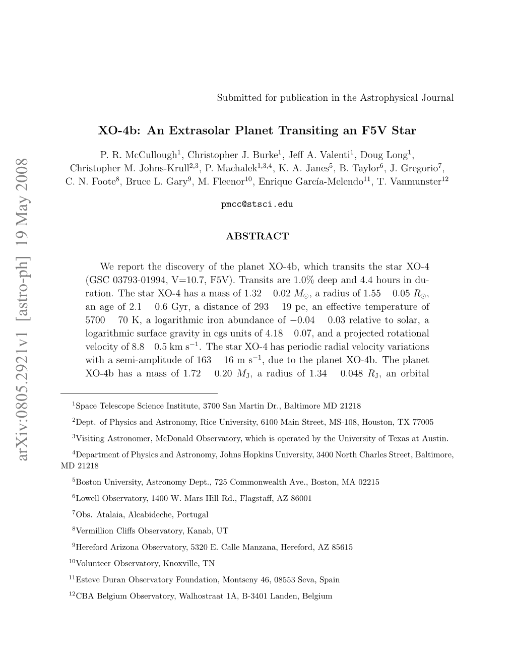 XO-4B: an Extrasolar Planet Transiting an F5V Star