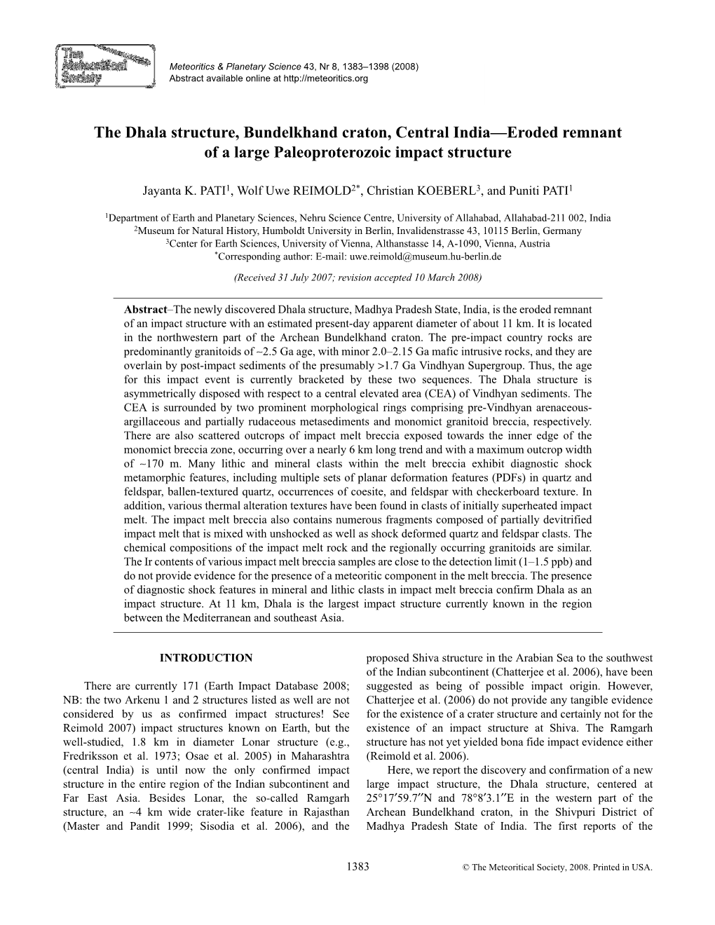 The Dhala Structure, Bundelkhand Craton, Central India—Eroded Remnant of a Large Paleoproterozoic Impact Structure