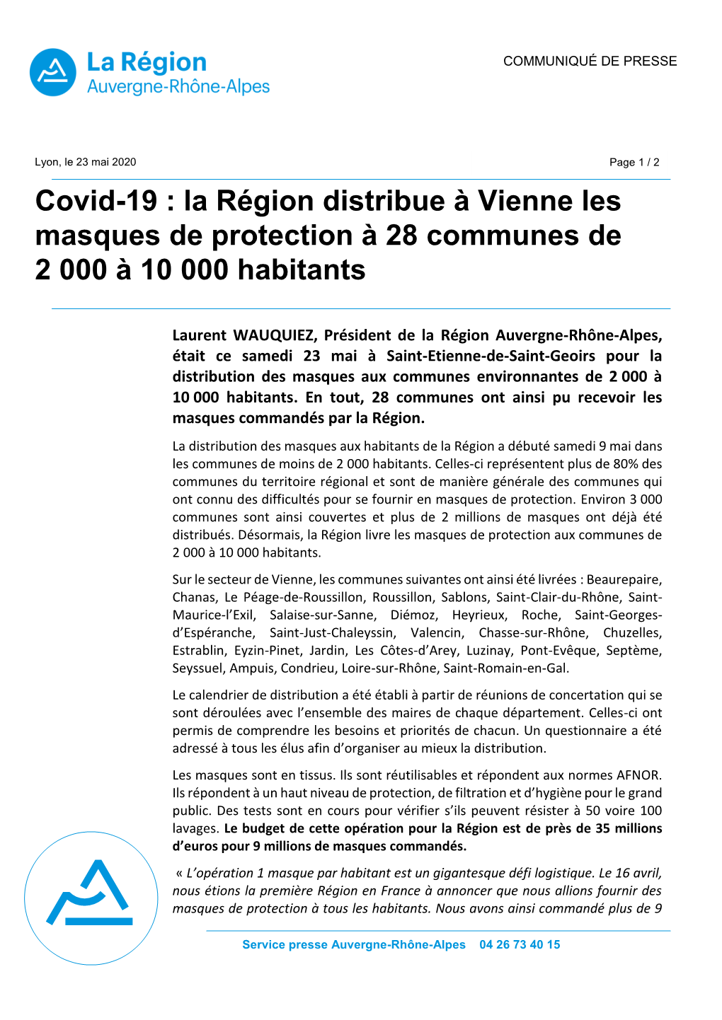 La Région Distribue À Vienne Les Masques De Protection À 28 Communes De 2 000 À 10 000 Habitants