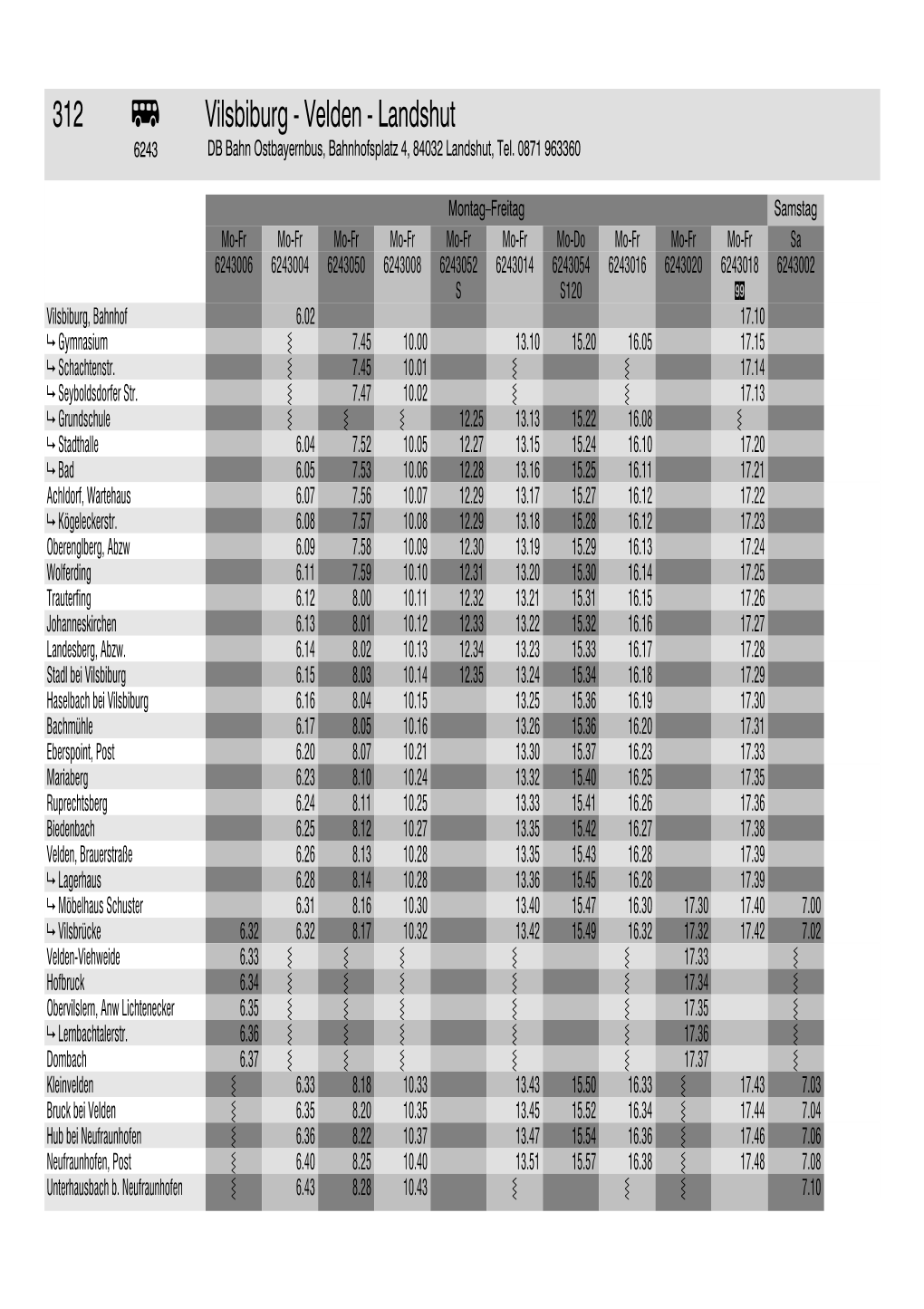 312 Õ Vilsbiburg - Velden - Landshut 6243 DB Bahn Ostbayernbus, Bahnhofsplatz 4, 84032 Landshut, Tel