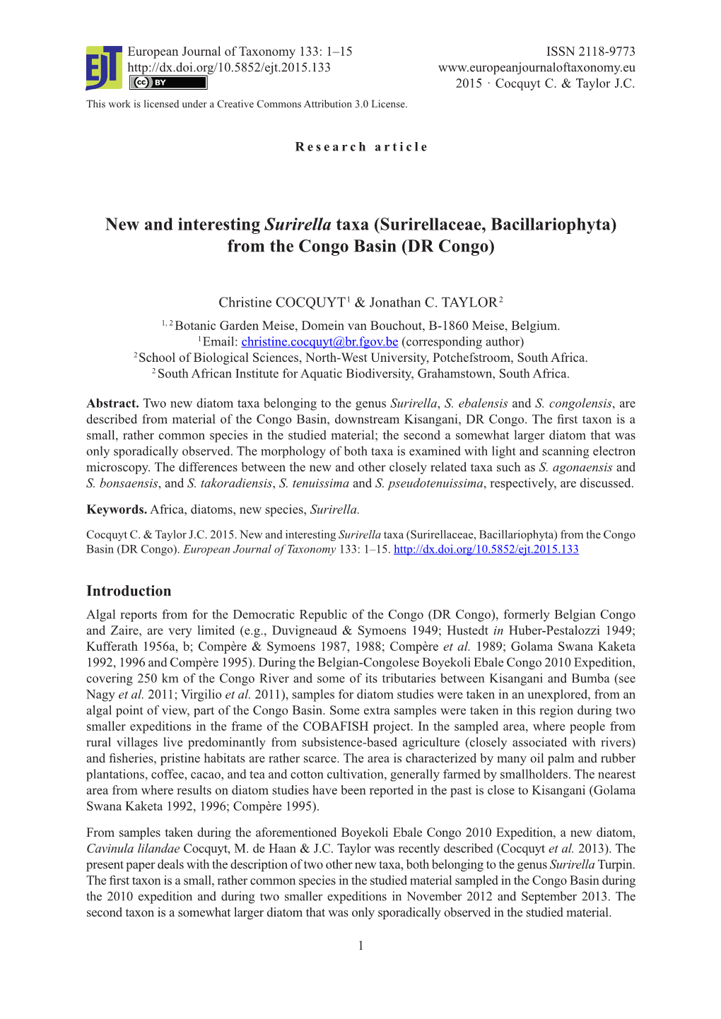 New and Interesting Surirella Taxa (Surirellaceae, Bacillariophyta) from the Congo Basin (DR Congo)