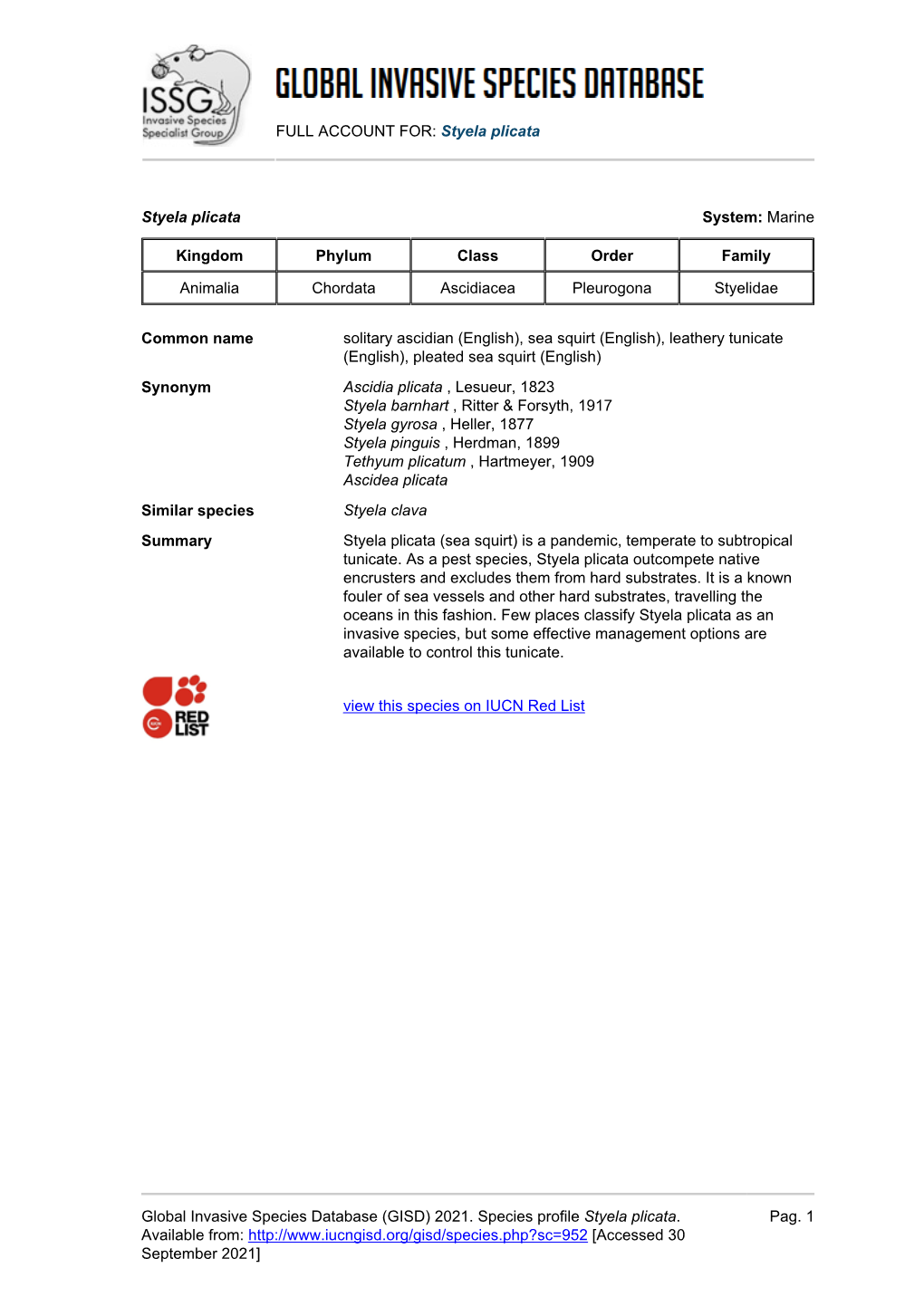 Styela Plicata Global Invasive Species Database (GISD)