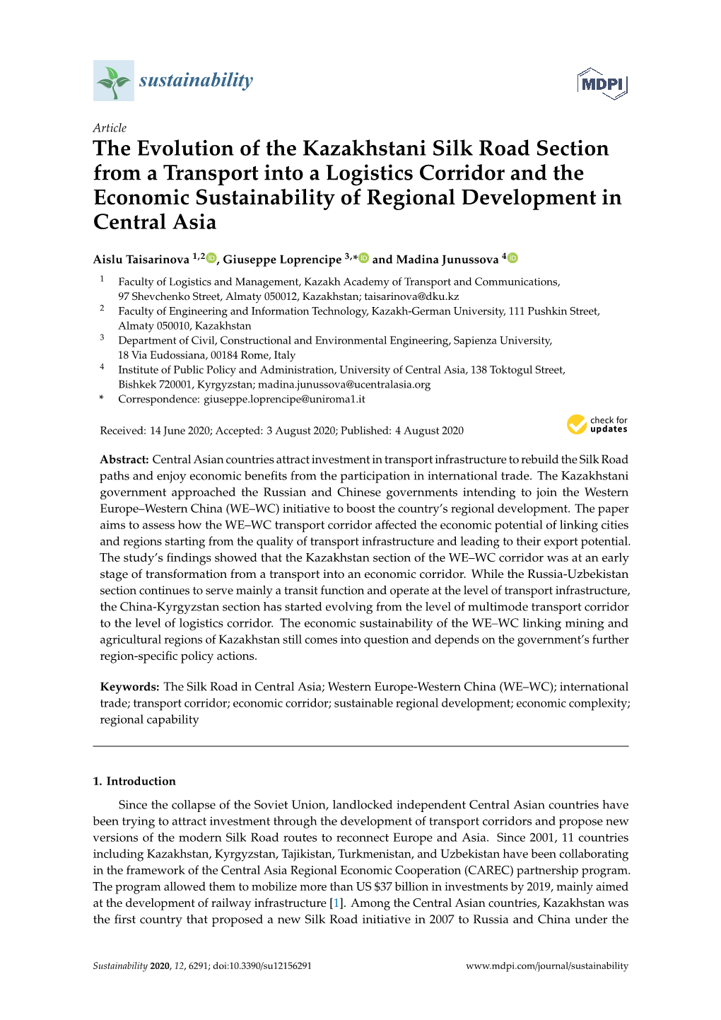 The Evolution of the Kazakhstani Silk Road Section from a Transport Into a Logistics Corridor and the Economic Sustainability of Regional Development in Central Asia