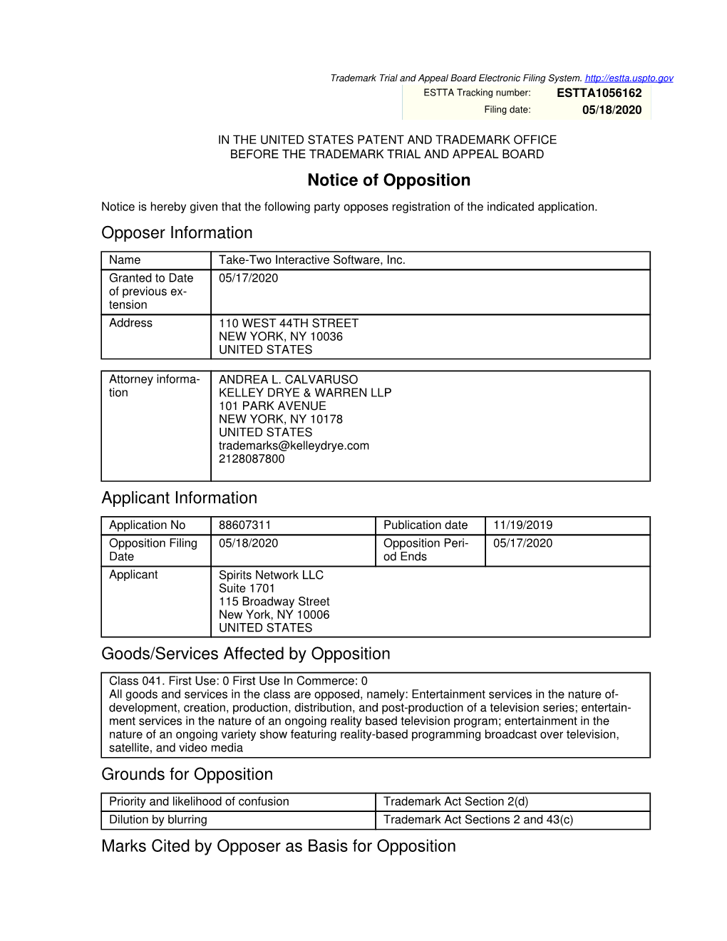 Notice of Opposition Opposer Information Applicant Information