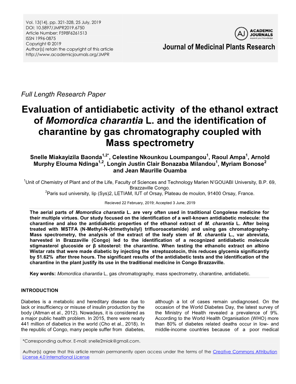 Evaluation of Antidiabetic Activity of the Ethanol Extract of Momordica Charantia L