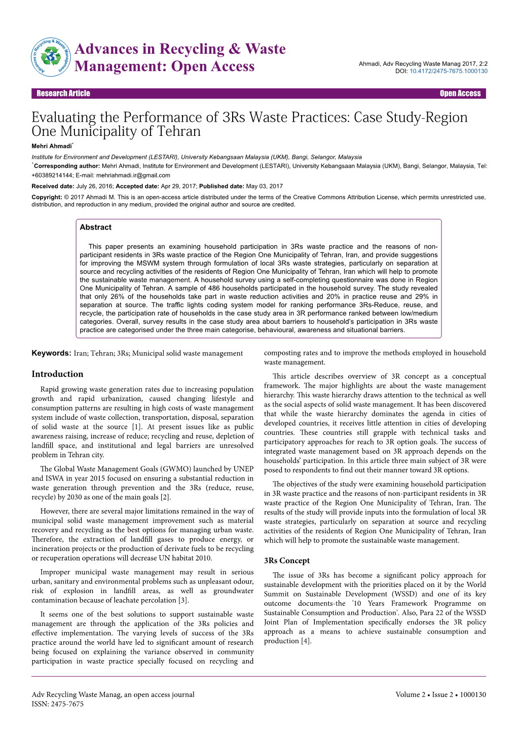 Evaluating the Performance of 3Rs Waste Practices: Case Study