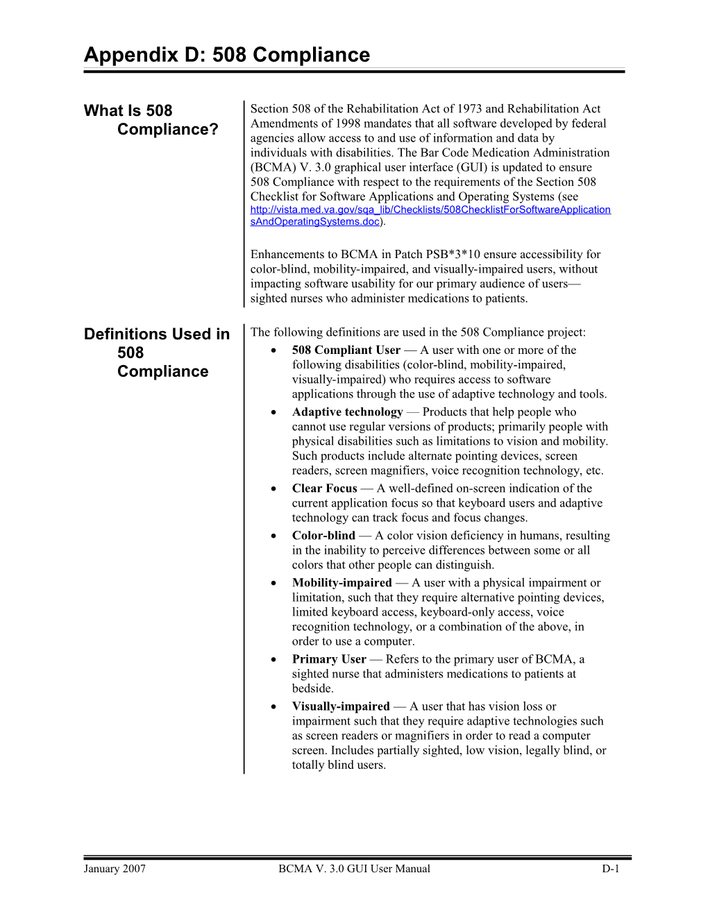 Department of Veterans Affairs BCMA Appendix D: 508 Compliance