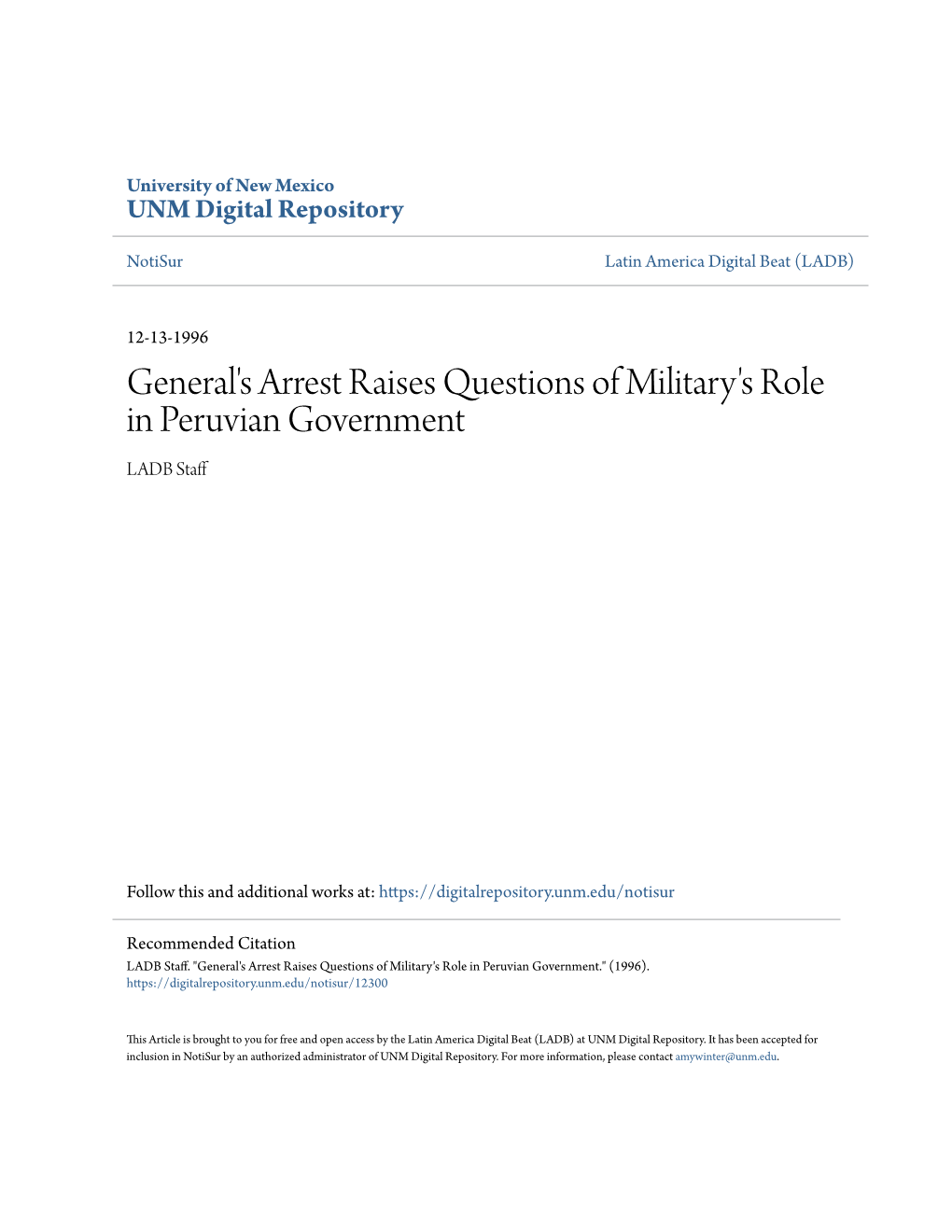 General's Arrest Raises Questions of Military's Role in Peruvian Government LADB Staff