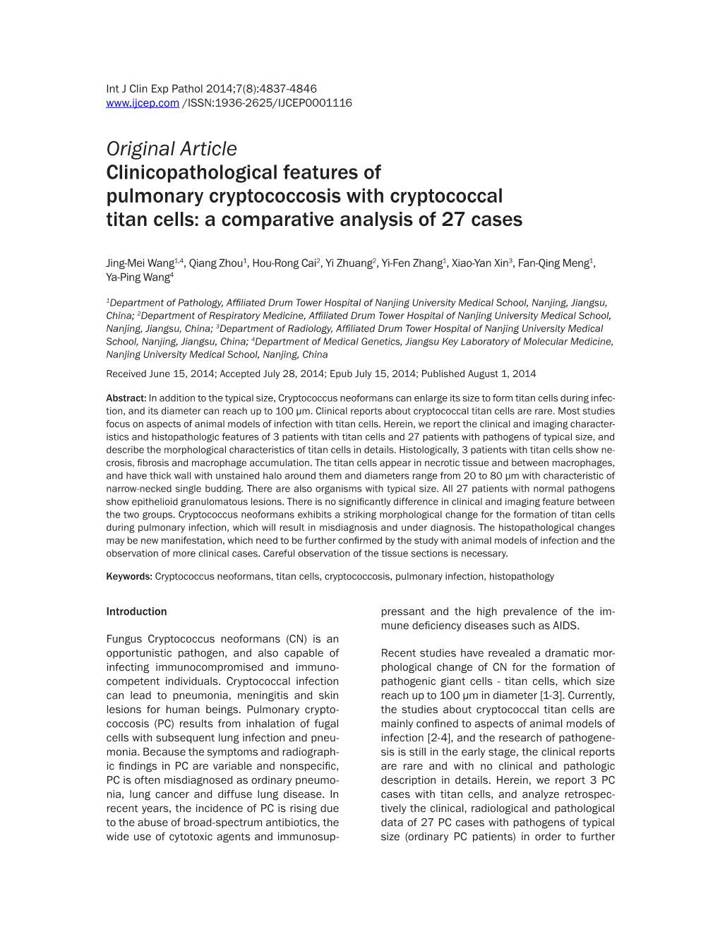 Original Article Clinicopathological Features of Pulmonary Cryptococcosis with Cryptococcal Titan Cells: a Comparative Analysis of 27 Cases