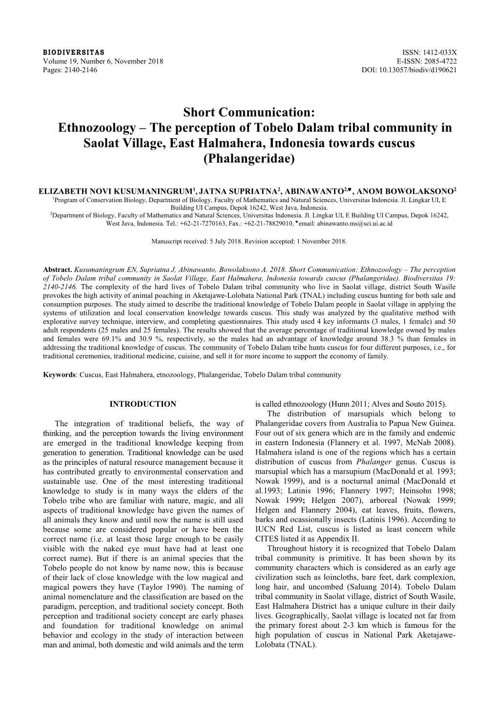 Ethnozoology – the Perception of Tobelo Dalam Tribal Community in Saolat Village, East Halmahera, Indonesia Towards Cuscus (Phalangeridae)