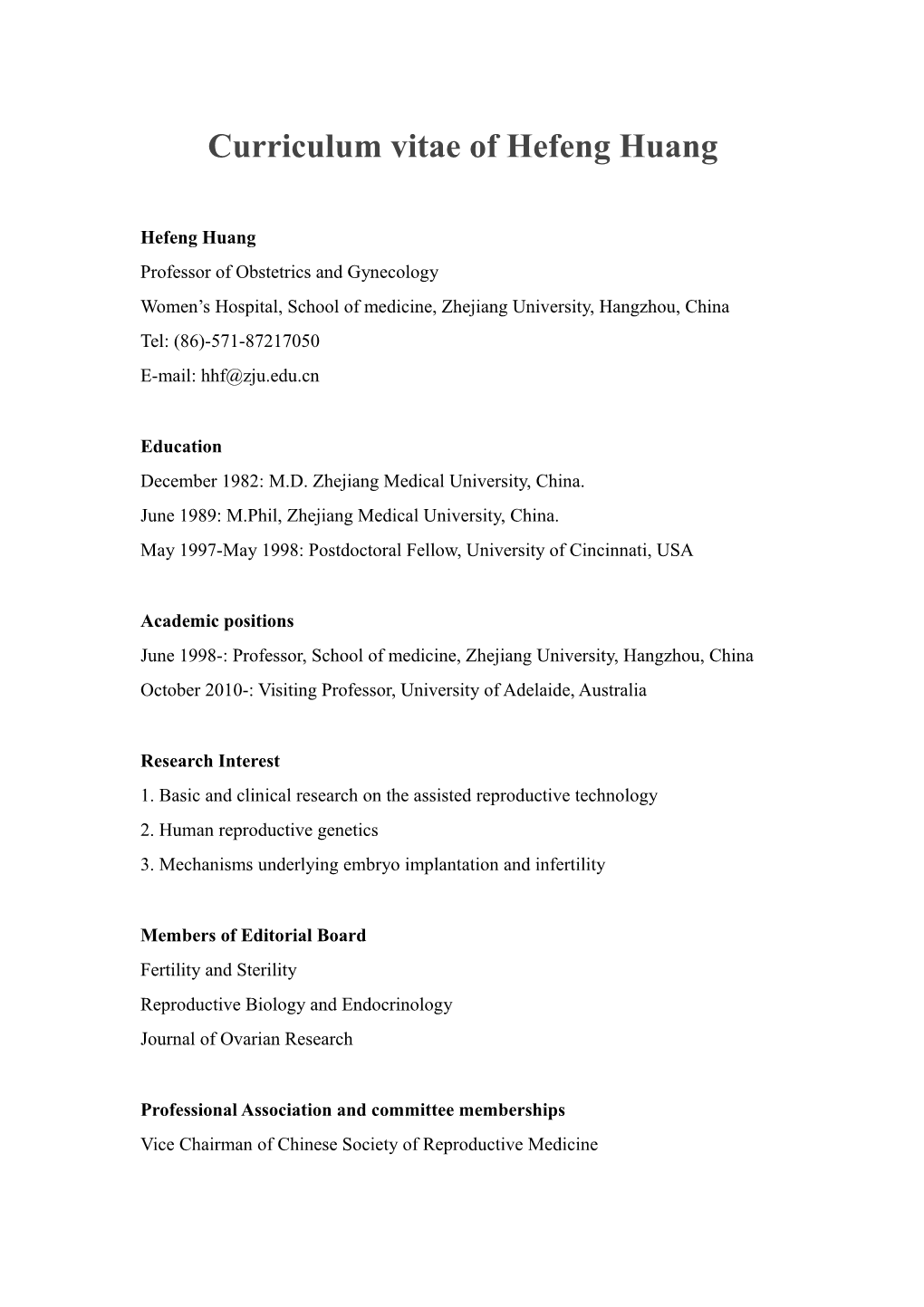 Curriculum Vitae of Hefeng Huang