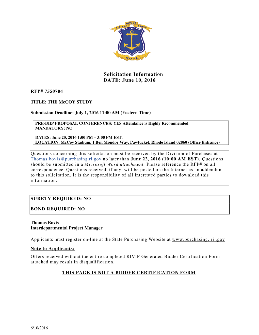 Solicitation Information DATE: June 10, 2016