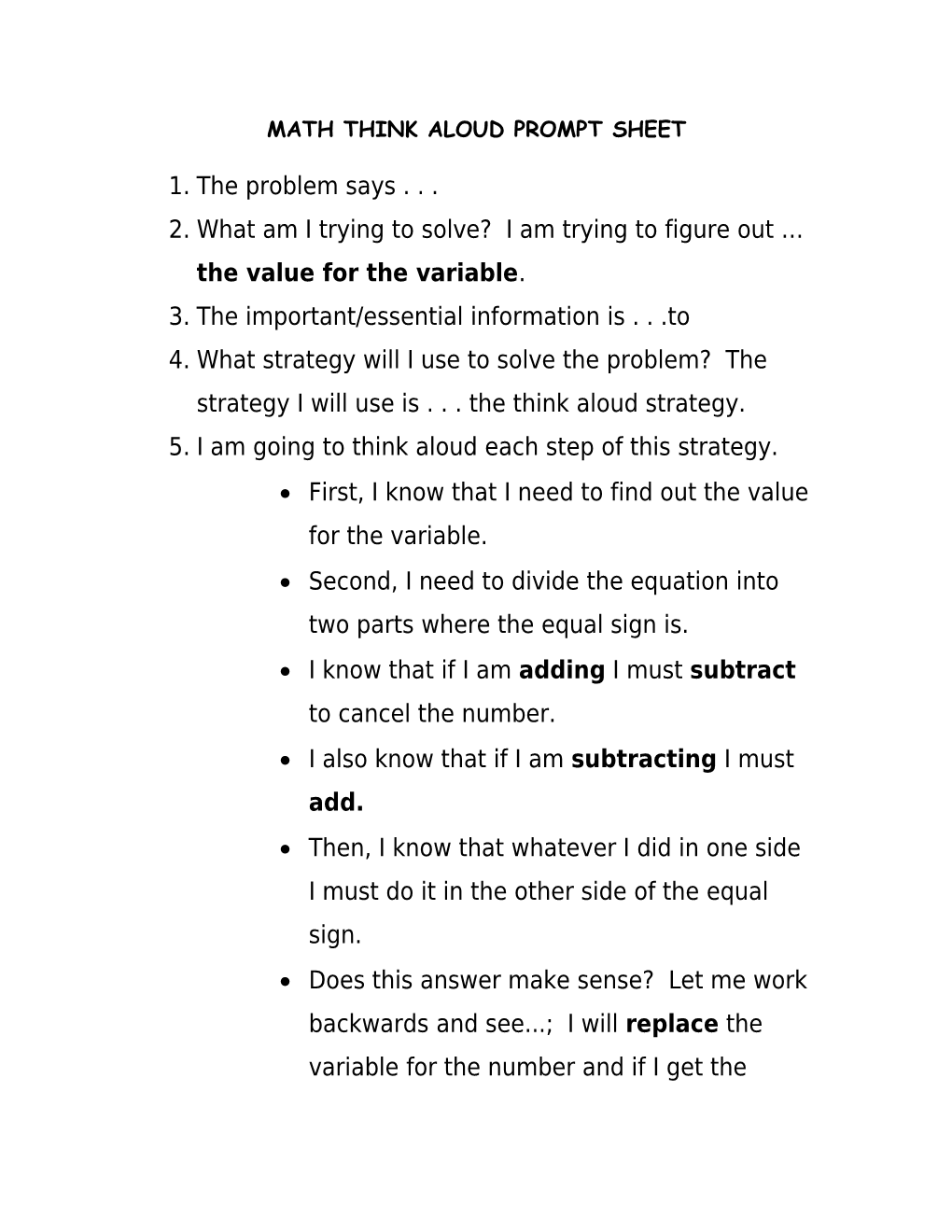 Math Think Aloud Prompt Sheet