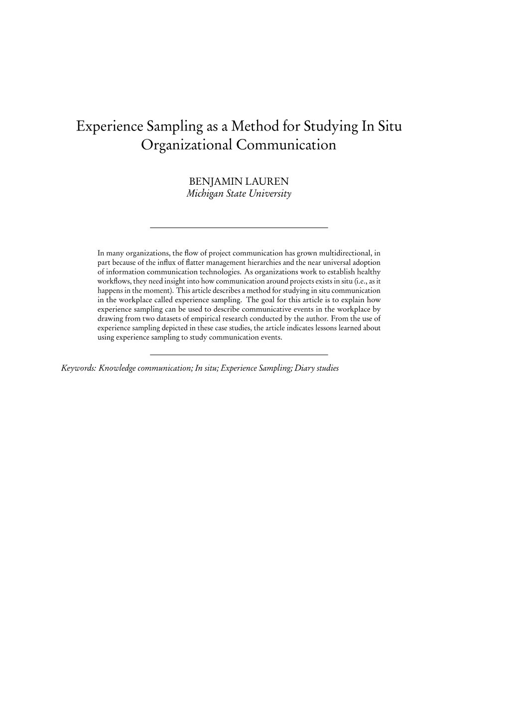 Experience Sampling As a Method for Studying in Situ Organizational Communication