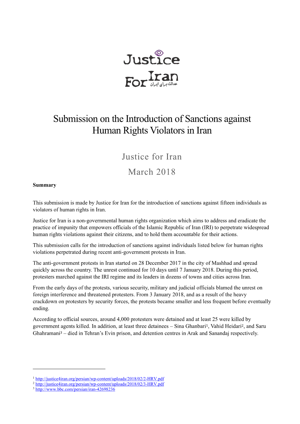 Submission on the Introduction of Sanctions Against Human Rights Violators in Iran