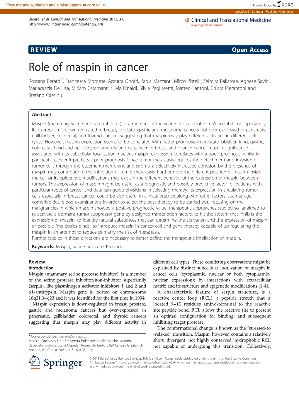 Role of Maspin in Cancer