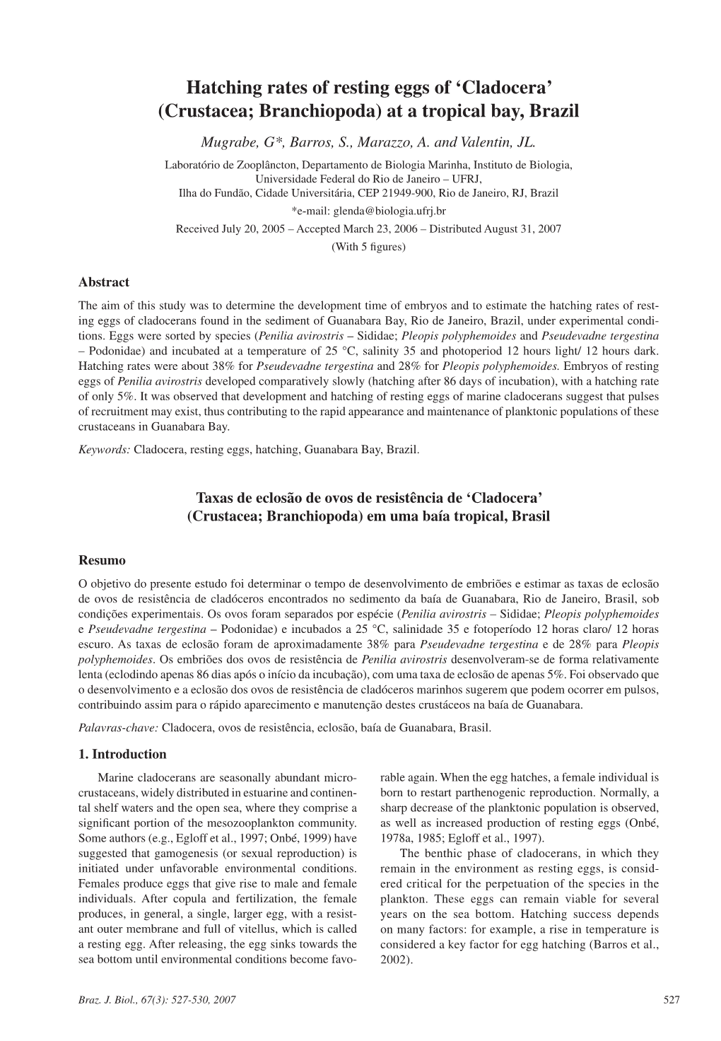 Hatching Rates of Resting Eggs of 'Cladocera'