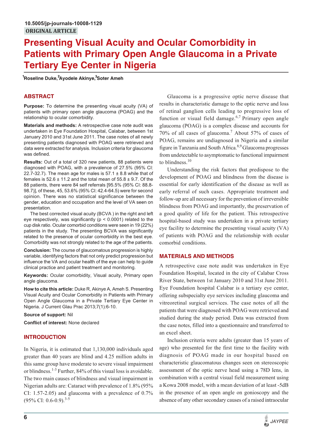 Presenting Visual Acuity and Ocular Comorbidity in Patients with Primary Open Angle Glaucoma in a Private Tertiary Eye Center in Nigeria