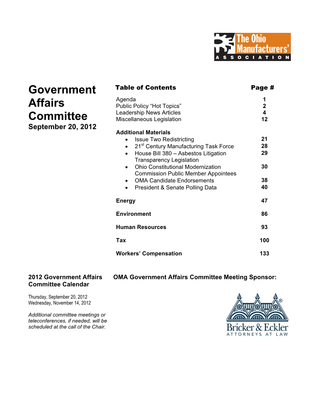 Government Affairs Committee Meeting Sponsor: Committee Calendar