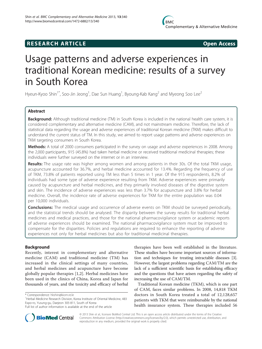 Usage Patterns and Adverse Experiences in Traditional Korean Medicine: Results of a Survey in South Korea