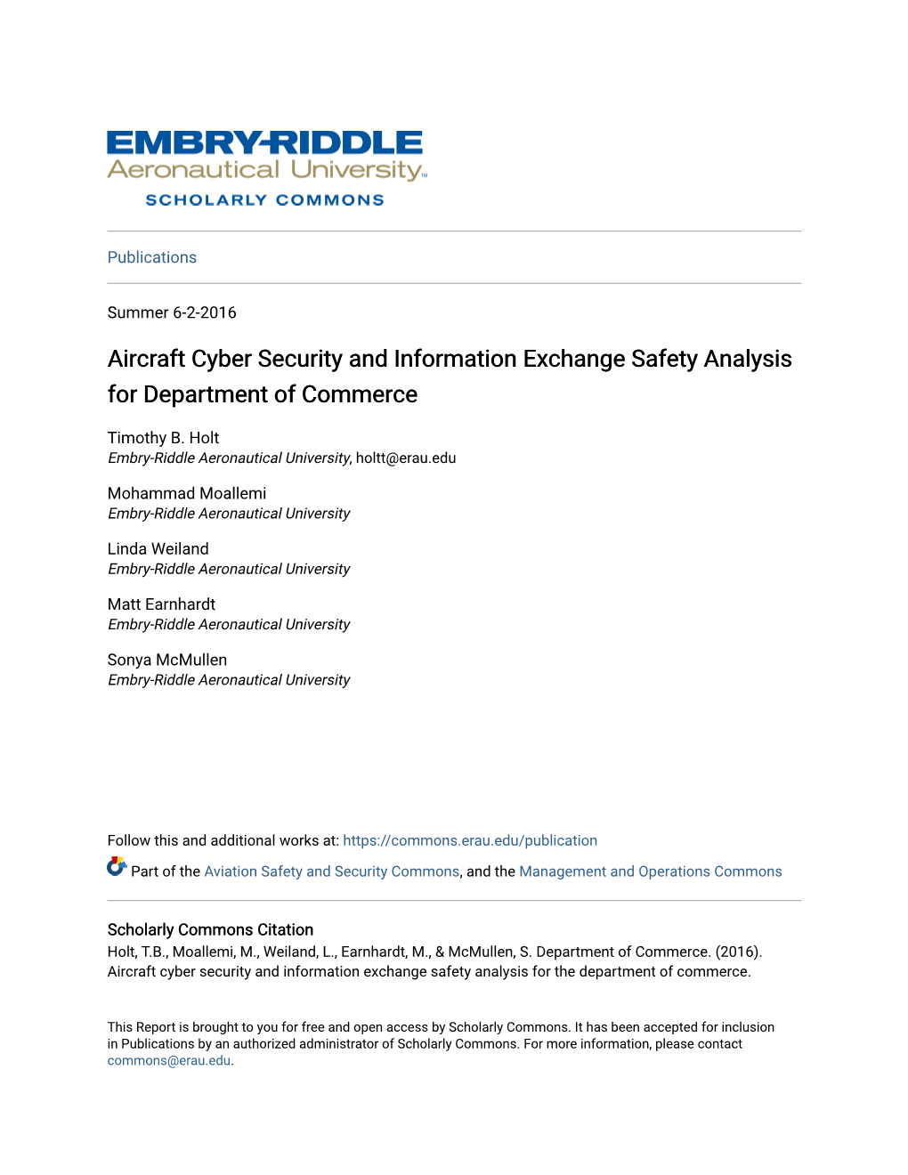 Aircraft Cyber Security and Information Exchange Safety Analysis for Department of Commerce