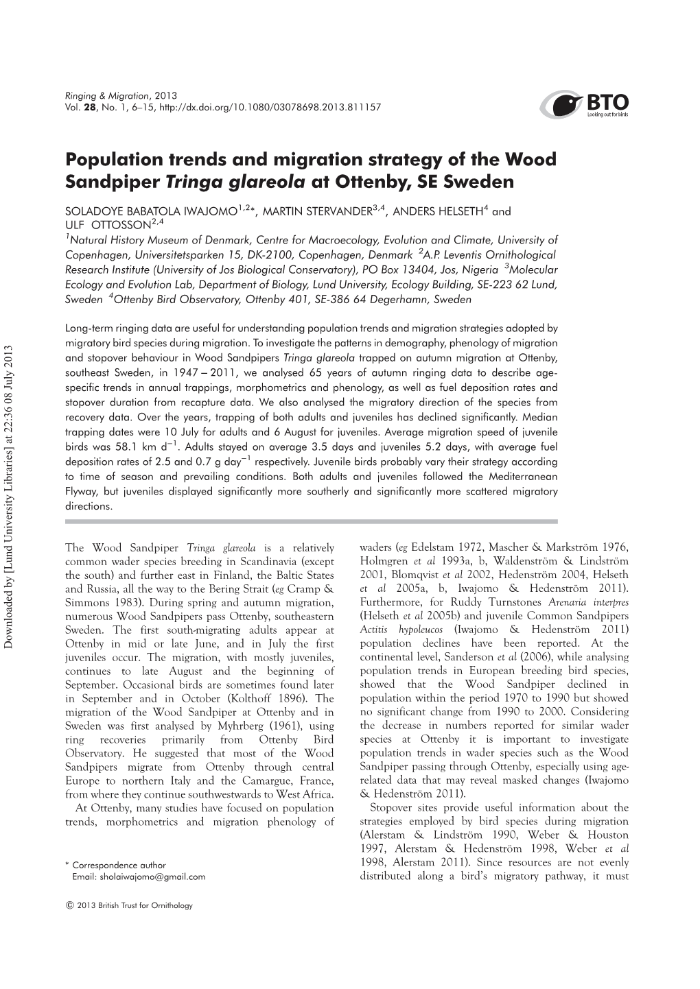 Population Trends and Migration Strategy of the Wood Sandpiper Tringa Glareola at Ottenby, SE Sweden