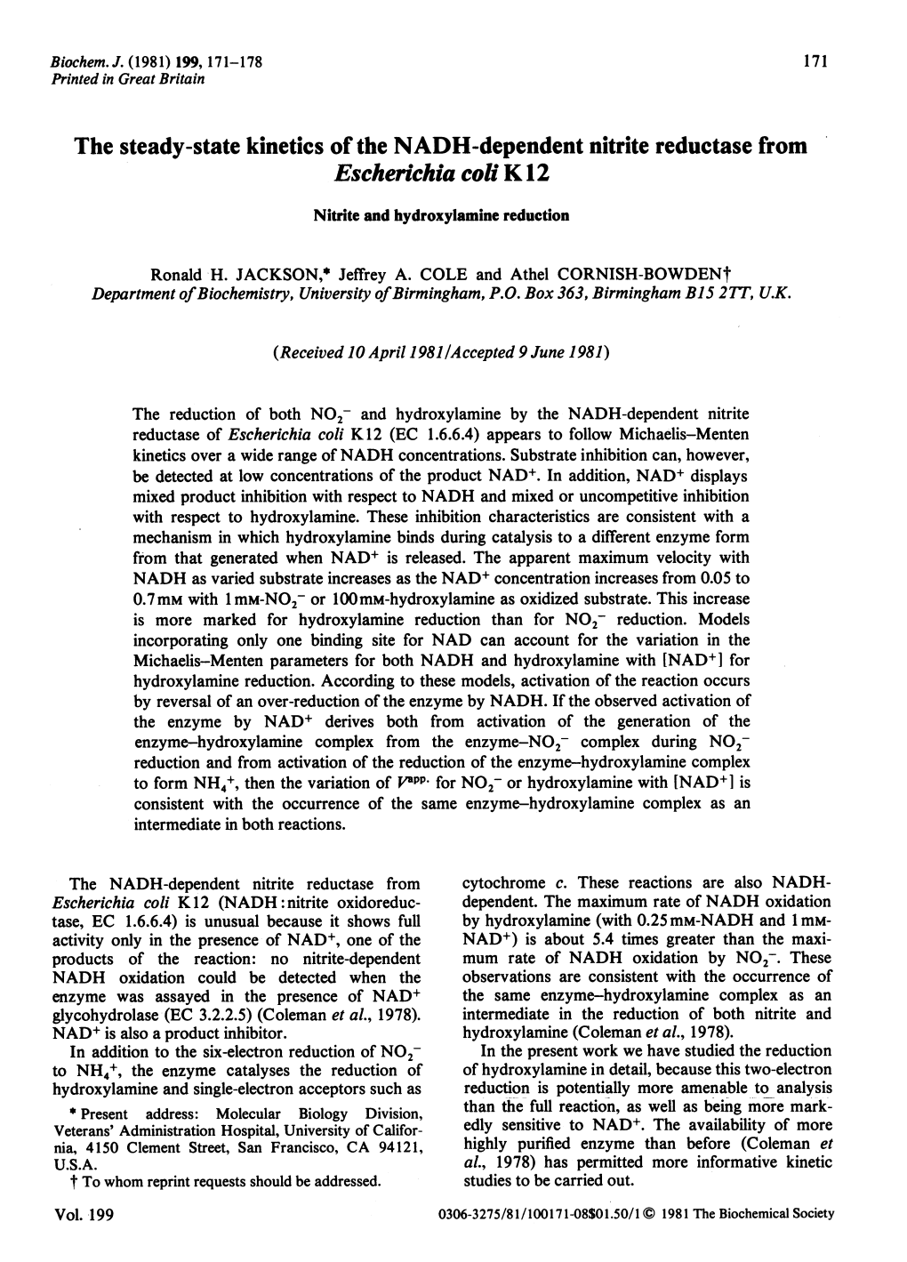 Escherichia Coli K 12 Nitrite and Hydroxylamine Reduction