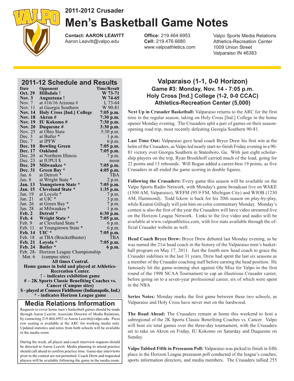 Men's Basketball Game Notes