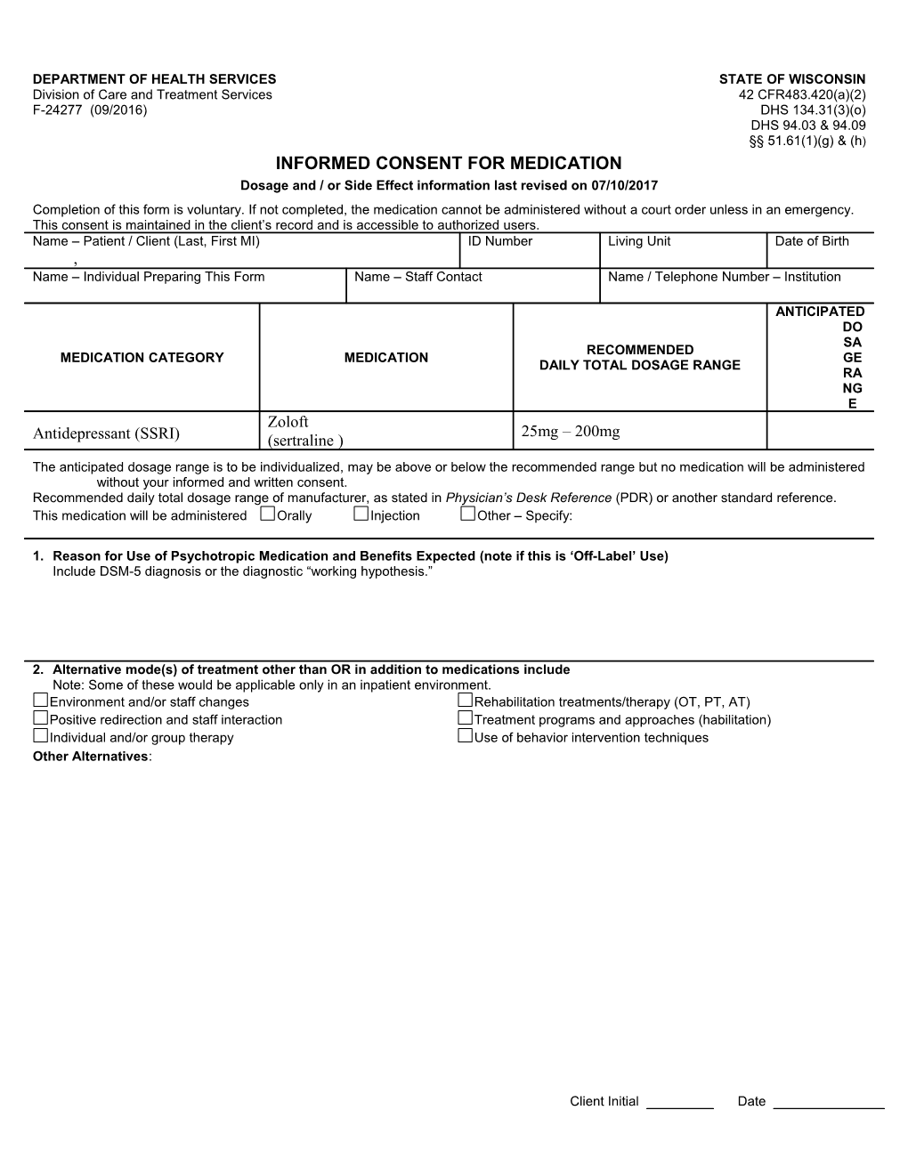 Informed Consent for Medication, Zoloft