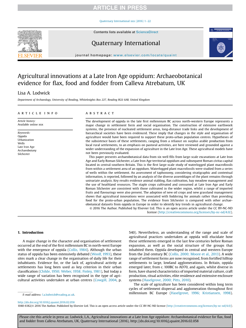 Agricultural Innovations at a Late Iron Age Oppidum: Archaeobotanical Evidence for ﬂax, Food and Fodder from Calleva Atrebatum, UK