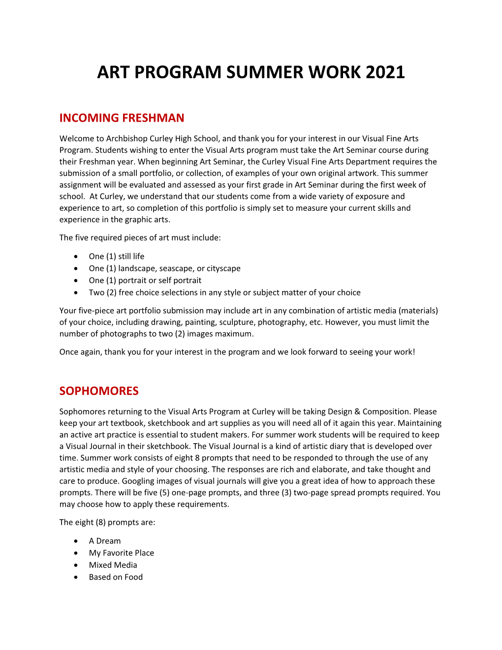 Art Program Summer Work 2021