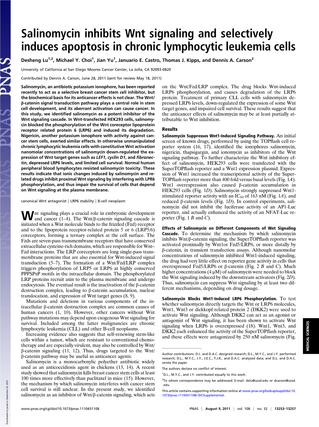 Salinomycin Inhibits Wnt Signaling and Selectively Induces Apoptosis in Chronic Lymphocytic Leukemia Cells