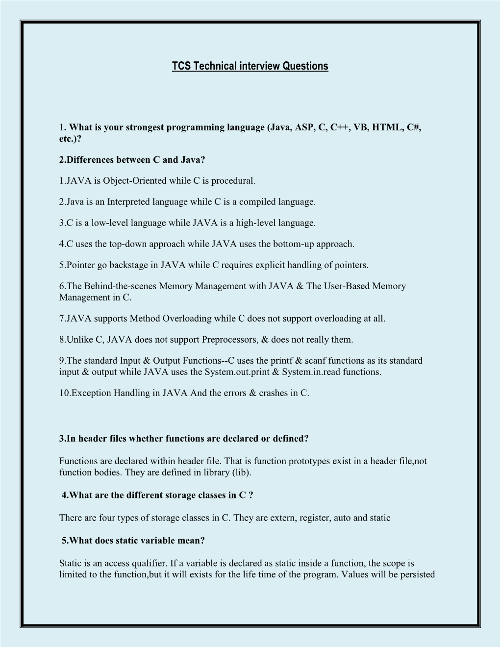 TCS Technical Interview Questions